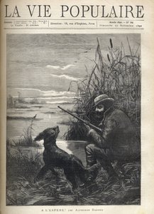 Ein Vogelfänger beobachtet in einem Sumpf mit seinem Hund. Illustration von F. Meaulle für „Hopefully!“ von Alphonse Daudet (1840-1897). Gravur von 1890 in „La vie populaire“. Private Sammlung von Fortune Louis Meaulle