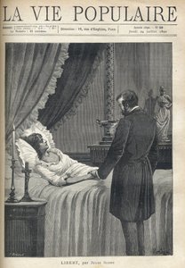 Ein Mann, überwältigt von Traurigkeit, steht am Bett einer schönen toten Frau und hält ihre Hand. Auf dem Nachttisch brennt eine Kerze und ein Kruzifix. Auf dem Kaminsims stehen eine Tasse und eine Frauenskulptur im antiken Kostüm. Illustration von Alfons 