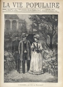 Ein Mann mit Krücken geht mit einer eleganten jungen Frau in den Gassen eines Parks spazieren. Ein zweiter Mann folgt ihnen. Illustration von Fortune Louis Meaulle für „L