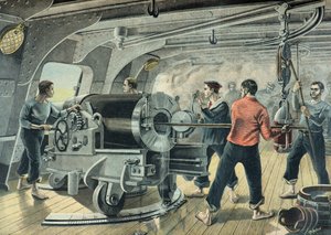 Eine Marinebatterie bombardiert Santiago de Cuba, Spanisch-Amerikanischer Krieg 1898 von Fortune Louis Meaulle