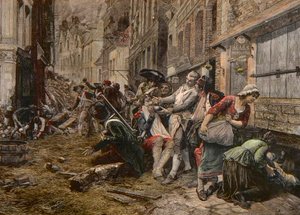 Eine Belagerungsepisode in Lille, Oktober 1792 - Belagerung von Lille 1792: die Perücke Maes benutzt eine Bombenhülle als Bartschale, um einen Kunden zu rasieren - Gravur von Meaulle nach dem Gemälde von Gaston Melingue von Fortune Louis Meaulle