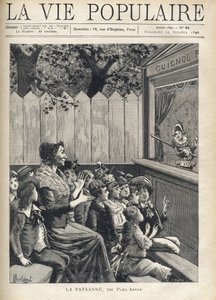 Eine Frau inmitten einer Gruppe von Kindern applaudiert einem Puppenspiel (Guignol). Illustration von Fortune Meaulle durch Montegut für „Der Bauer“ von Paul Arene (1843-1896). Gravur in „La vie populaire“ von Fortune Louis Meaulle