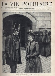 Eine junge Frau mit Schleierhut, der ihr Gesicht bedeckt, hält einen Regenschirm und ein Buch und spricht mit einem eleganten jungen Mann, Anzug und Zylinder, Hände in den Taschen. Hinter ihnen eine Gruppe strenger Frauen, dunkler Mantel und verschleiert. 