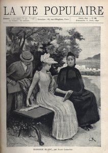 Eine junge Frau in Weiß, die ein offenes Buch hält, begleitet von ihrer Mutter, die schwarz gekleidet und traurig ist, sitzt auf einer Bank vor einer Landschaft an der Mittelmeerküste. Hinter ihnen beugt sich ein Mann über die Schulter der jungen Frau. Ill von Fortune Louis Meaulle