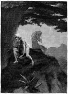 Adam und Eva. Zeichnung von Meaulle, die das Gedicht von Victor Hugo „Les misheureux“ illustriert, in der Sammlung „Les contemplations“, Ausgabe Paul Ollendorff, Anfang 20. Jahrhundert. von Fortune Louis Meaulle
