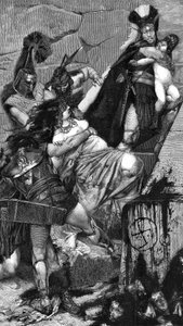 Andromaque: Detail einer Gravur (1883) von Meaulle nach einem Gemälde von Georges Antoine Rochegrosse (1859-1938). In den Händen der griechischen Soldaten versucht Andromaque, seinen Sohn Astyanax zu halten, der von einem thrakischen Hopliten weggetragen w von Fortune Louis Meaulle