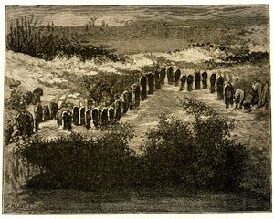 Carnac Menhir-Ausrichtungen. Zeichnung von Victor Hugo, graviert von Meaulle. Auszug aus dem Text von Hugo (En voyage en Bretagne) von Fortune Louis Meaulle