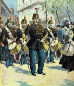 Parade der Musiker und des Tambourmajors der republikanischen Garde, Paris 1896 (Gravur)