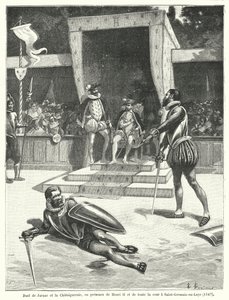 Duell zwischen Guy Cabot de Jarnac und Francois de Vivonne, Seigneur de la Chataigneraie vor König Heinrich II. von Frankreich und seinem gesamten Hof in St Germain-en-Laye