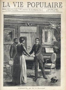 In einem bürgerlichen Wohnzimmer eilt ein Mann zur Hausherrin und ergreift ihre Hände, wobei er seinen Hut auf den Boden fallen lässt, unter dem erstaunten Blick eines anderen Mannes. Illustration von Bernard Borione