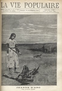 Vor der Truppe bewaffneter Ritter blickt Jeanne d