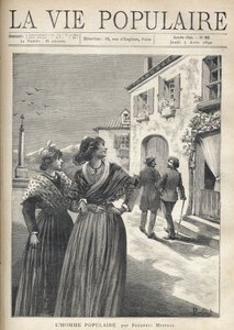 In den Straßen eines Dorfes in der Provence drehen sich zwei hübsche Frauen in provenzalischen Kleidern um, um einem Mann zu begegnen, der sich selbstbewusst ihren Blicken zuwendet. Illustration von Montegut für Der populäre Mann von Frédéric Mistral (1830 von Fortune Louis Meaulle