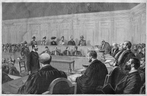 Der Skandal von Toulon im Jahr 1891: Affäre Fouroux - Jonquières - der Gerichtssaal, Zeugenaussagen - Gravur von Meaulle in „Le journal illustré“ von 1891