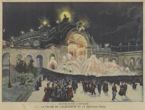 Der Palast der Elektrizität und das Wasserschloss bei Nacht, Weltausstellung 1900, Paris