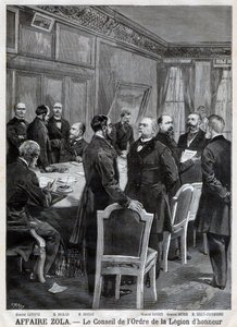 Der Rat des Nationalen Ordens der Ehrenlegion während der Dreyfus-Affäre, Gravur von F. Meaulle nach Garrey. „Le Petit Journal“, 24. April