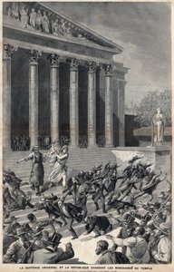 Allgemeines Wahlrecht und die Republik vertreiben die Händler aus dem Tempel - Allegorie auf die Folgen der Panama-Affäre - Gravur von Meaulle nach Henri Meyer