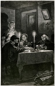 Victor Hugo „Les Misérables“ Illustration von Lix, graviert von Méaulle: der Sträfling und der Bischof. Jean Valjean, dem Bischof Myriel das Krankenhaus angeboten hat, wird seinen letzten Diebstahl begehen: das Silberbesteck seines Gastgebers. Auf dem Tisc von Fortune Louis Meaulle