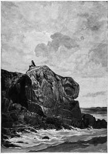 Victor Hugo im Exil auf Jersey im Jahr 1855, auf dem Proscriit-Felsen. Gravur von Louis Fortuné Méaulle (1844-1901), von dem Hugo sagte: „Ich denke, er graviert“.
