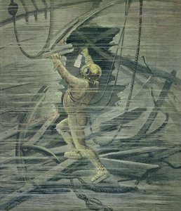 Ein Tiefseetaucher betrachtet die Wracks im Hafen von Le Havre, aus 