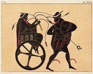 Druck der Dekoration auf einer griechischen Amphore, zeigt Triptolemus und Hermes, ca. 1858 von Fourquemin Fourquemin