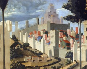 Kreuzabnahme Christi (Heilige Dreifaltigkeitsaltar), Detail der Landschaft mit Blick auf Jerusalem und den Tempel Salomos