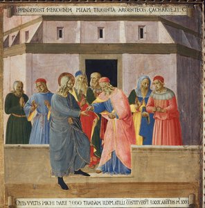 Judas ging zu den Hohepriestern und stimmte zu, Jesus im Austausch gegen dreißig Silbermünzen zu übergeben. Leben Christi, Armadio degli Argenti