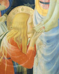 Maria Magdalena küsst Jesu Füße, Detail aus der Kreuzabnahme oder dem Altarbild der Heiligen Dreifaltigkeit, um 1432, von Giovanni da Fiesole, bekannt als Fra Angelico (1400-ca. 1455)