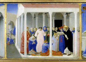 Die Heilige Dominica (1170 - 1221) erweckt Napoleone Orsini zum Leben, der untere Teil (die Predella) der „Krönung der Jungfrau“ zeigt Christus am Grab und sechs Episoden aus dem Leben der Heiligen Dominica, Gründerin des Ordens, zu dem der Angelicode gehö