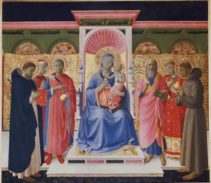 Jungfrau und Kind mit sechs Heiligen, Petrus, Cosmas und Damian, St. Johannes, St. Laurentius und St. Franziskus. Detail des Annalena-Altarbildes
