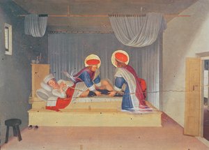 Altarbild, Die Jungfrau und das Kind umgeben von Engeln und acht Heiligen. Die Predella: Heiliger Cosmas und Heiliger Damian transplantieren das Bein eines Negers auf einen Justiniandeakon (Tempera auf Holz) von Fra Angelico