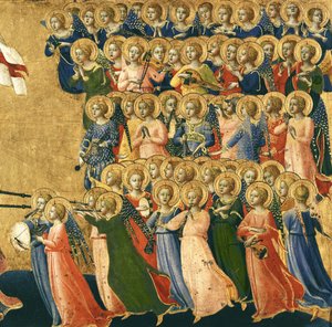 Christus verherrlicht im Himmelshof, Detail von musizierenden Engeln von der rechten Seite, 1419-35 (Detail) von Fra Angelico