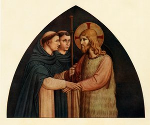 Christus als Pilger, begegnet zwei Dominikanern, 15. Jahrhundert