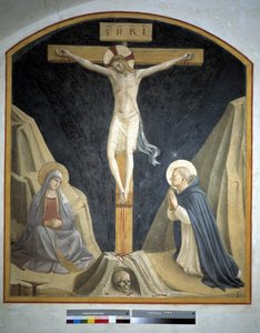 Kreuzigung mit der Jungfrau Maria und dem heiligen Dominikus. Inschrift "INRI" am Kreuz, 1442