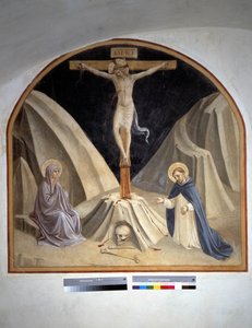 Kreuzigung mit der Jungfrau Maria und dem Heiligen Dominikus. Inschrift "INRI" auf dem Kreuz, 1442