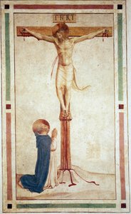 Die Kreuzigung mit dem Heiligen Dominikus. Inschrift "INRI" auf dem Kreuz. Fresko von Guido di Pietro