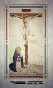 Die Kreuzigung mit dem heiligen Dominikus. Inschrift "INRI" auf dem Kreuz. Fresko von Guido di Pietro