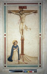 Die Kreuzigung mit dem heiligen Dominikus. Inschrift "INRI" auf dem Kreuz. Fresko von Guido di Pietro von Fra Angelico