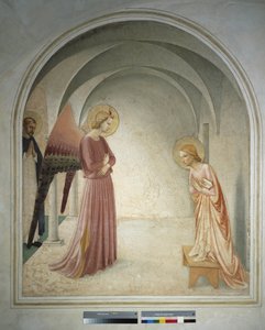 Die Verkündigung. Der heilige Petrus Märtyrer steht hinter dem Erzengel Gabriel, der der Jungfrau Maria die Verkündigung macht. Fresko von Guido di Pietro von Fra Angelico