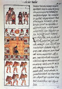 Aztekische Gesellschaft, Musiker, König und Händler, Text in Nahuatl, aus Faksimile des Manuskripts Allgemeine Geschichte der Dinge von Neuspanien, auch bekannt als Florentiner Kodex, von Bernardino de Sahagun von Fra Bernadino da Sahagun