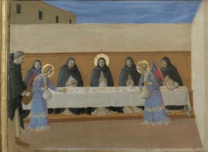 Die Engel servieren den Mönchen das Abendessen. Cortona Polyptychon (Detail), ca. 1437 von Fra Giovanni Angelico da Fiesole