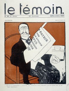 Dreyfus-Affäre: „Ein weiterer jüdischer Verräter!... Ich bin kein Antisemit, aber wirklich, dieser hätte katholisch sein können“ (jüdischer Bourgeois liest die Presse), Zeichnung von Xavier Gose - in „Le Témoin“ vom 02.11.1907.