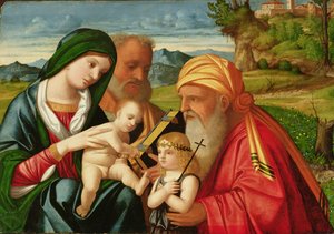Heilige Familie mit St. Simeon und Johannes dem Täufer, frühes 16. Jahrhundert von Francesco (fl.1508 45) Rizzi da Santacroce
