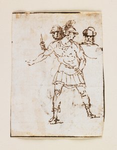 Studie von zwei römischen Soldaten und einer bärtigen Figur (recto); Studie eines bärtigen Mannes, der mit einem Stock geht (verso) von Francesco Allegrini