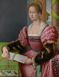Porträt einer Frau mit einem Musikbuch von Francesco Ubertini Bacchiacca