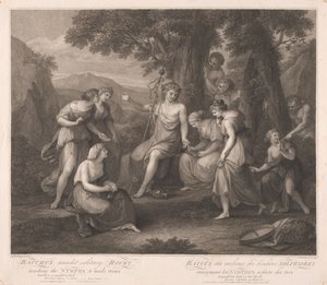 Bacchus inmitten einsamer Felsen, der den Nymphen das Dichten lehrt von Francesco Bartolozzi
