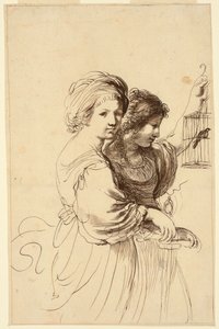 Zwei junge Mädchen, eines hält einen Käfig von Francesco Bartolozzi
