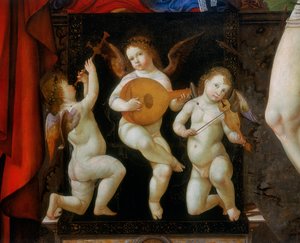 Drei musizierende Engel. Detail des Altars der Madonna auf dem Thron mit den Heiligen Hieronymus und Sebastian, von Francesco Bianchi Ferrari, Kirche San Pietro, Modena von Francesco Bianchi Ferrari