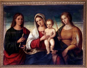 Jungfrau mit Kind, umgeben von St. Johannes dem Evangelisten und St. Katharina von Alexandria von Francesco Bissolo