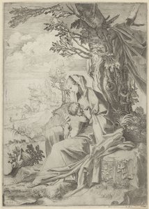 Maria stillt das Christuskind in einer Landschaft