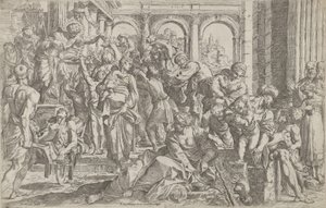 Der heilige Rochus verteilt links Almosen an eine Gruppe von Menschen, nach ..., 1590-1600 von Francesco Brizio